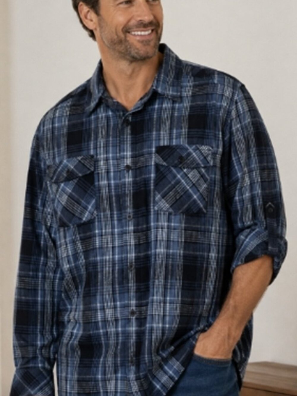 NWT Raider Jean Co Infringement Mens XL Blue Plaid Flannel Roll Tab Button Shirt